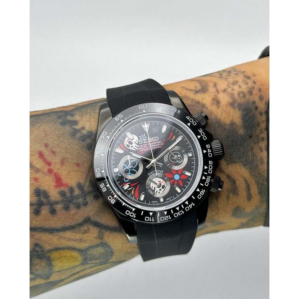 Custom Seiko Mod • Black Candy Skull Daytona Quartz Chronograph • 39.5mm